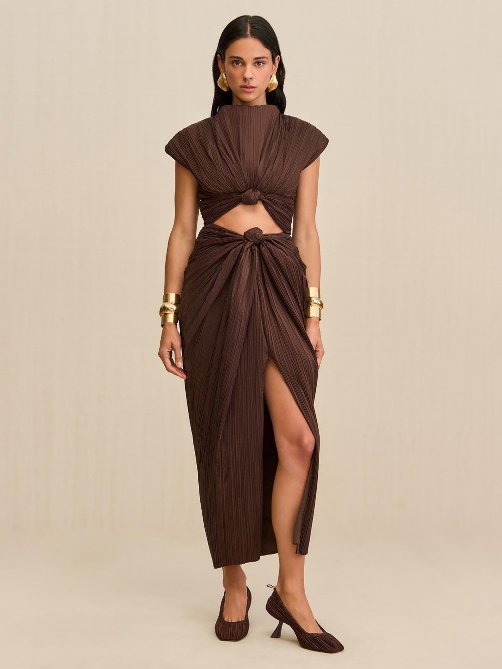 cult gaia ‘Inaya’ Brown Knotted Cutout Midi Dress